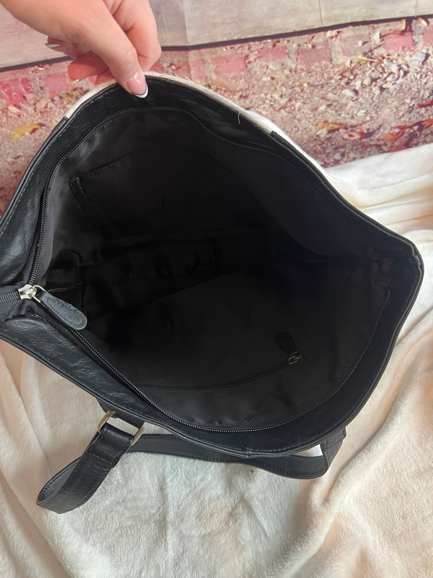 Cowhide and leather tote bag