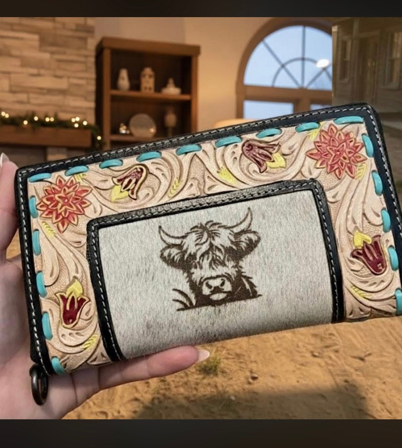 Sunflower cowhide engraved wallet