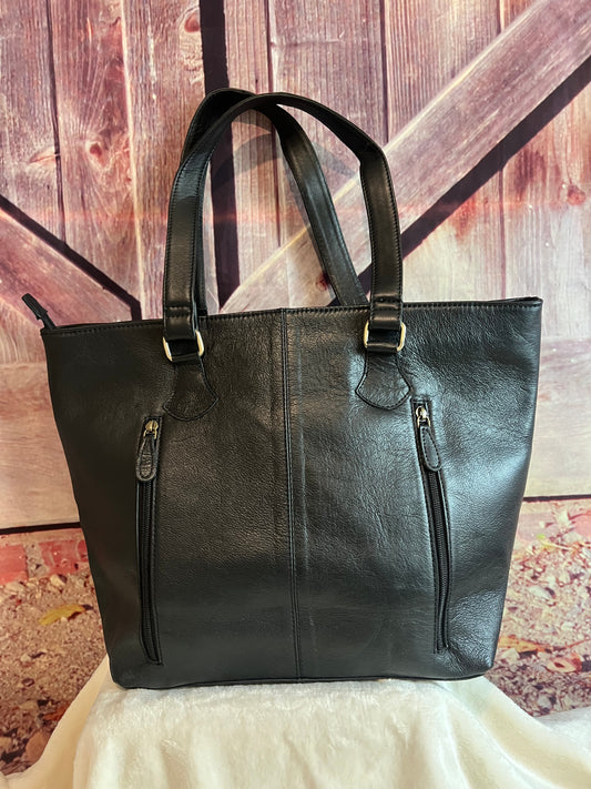 Cowhide and leather tote bag