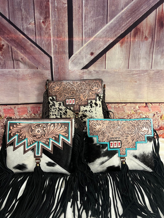 Hide and leather crossbody