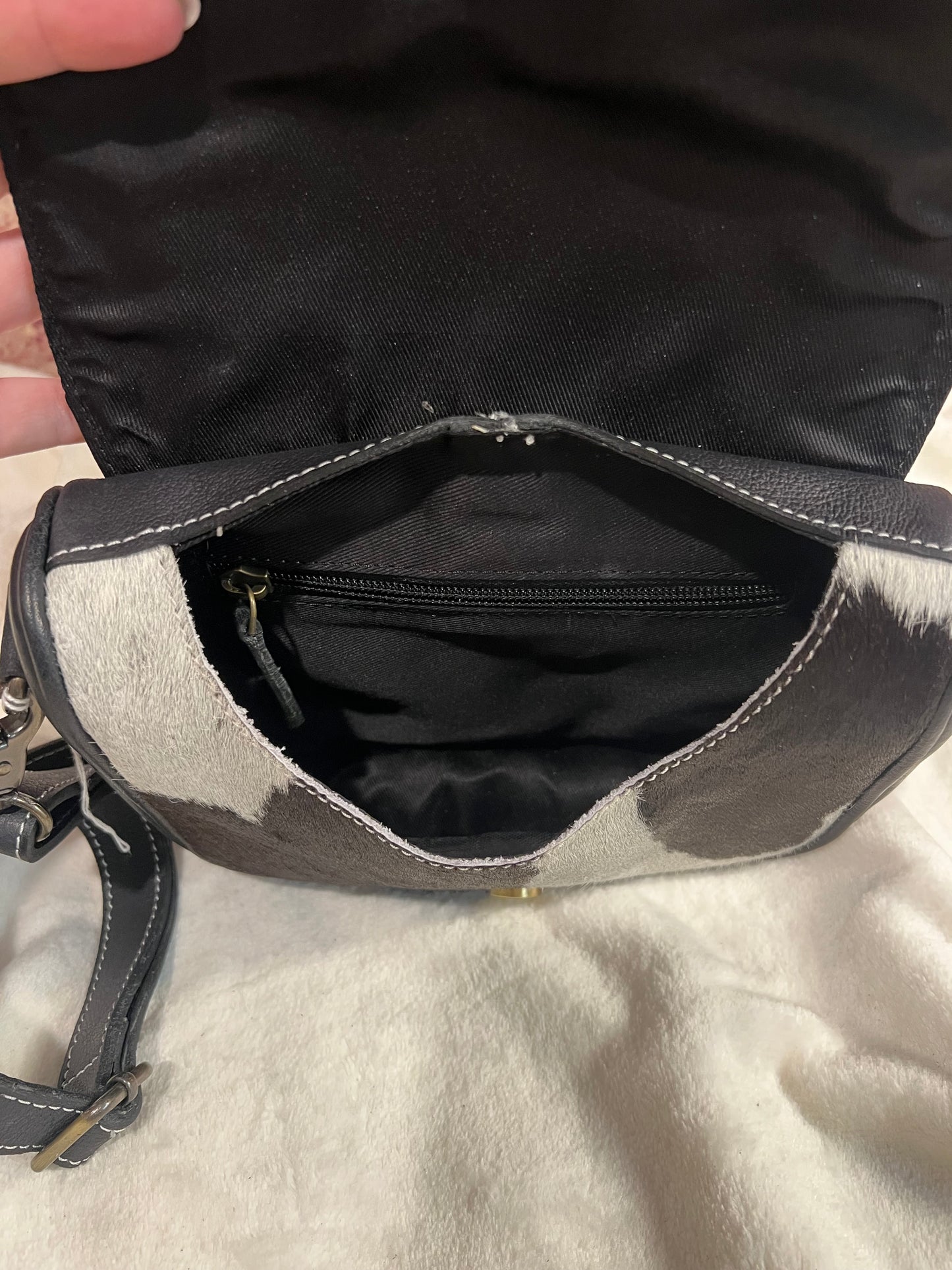 Cowhide and leather crossbody