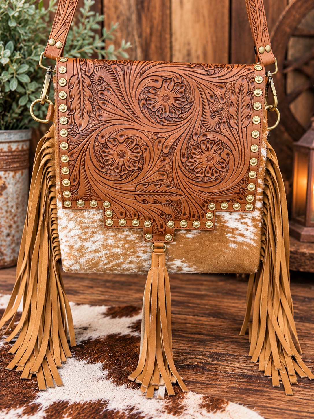 Cowhide/ leather fringe crossbody