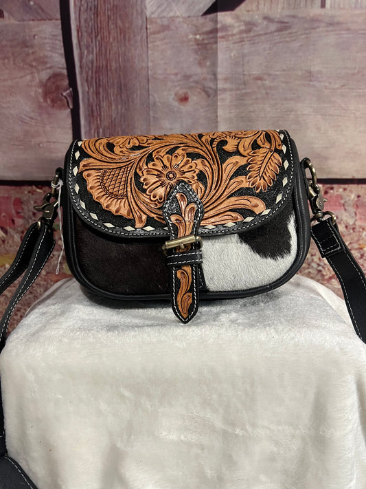 Cowhide and leather crossbody