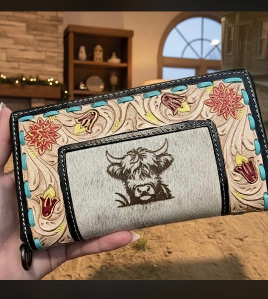 Sunflower cowhide engraved wallet