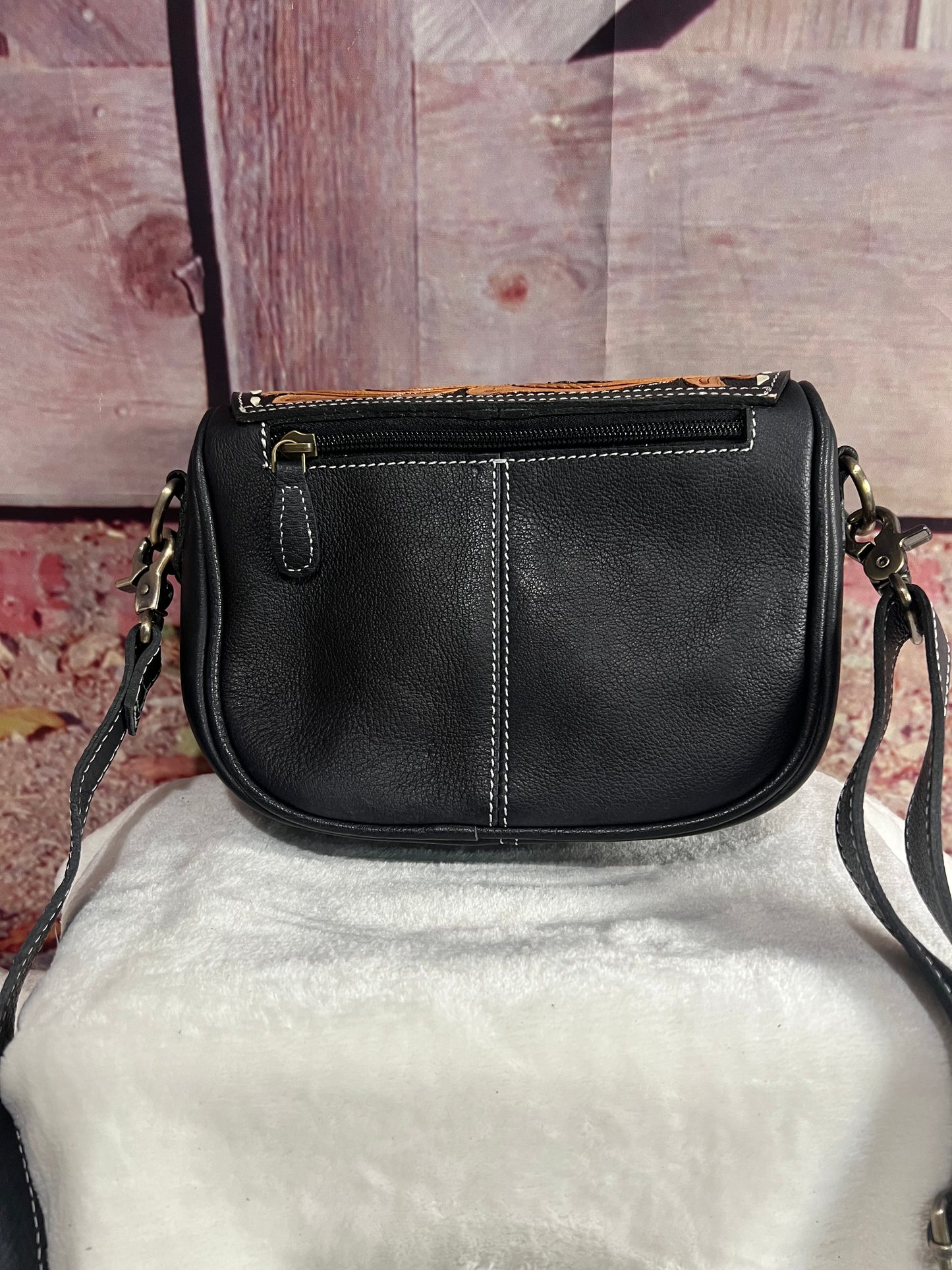 Cowhide and leather crossbody