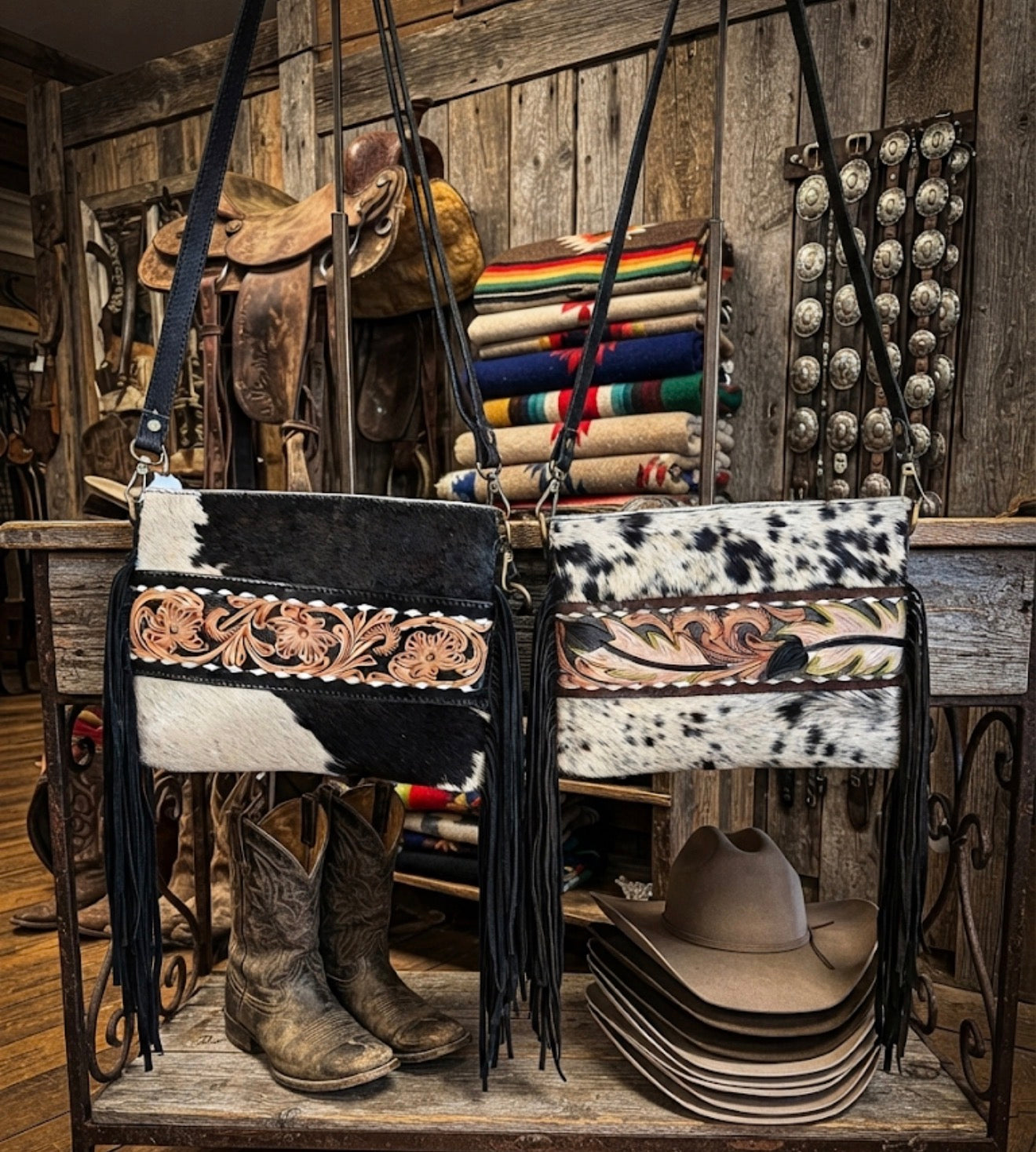 Crossbody hide/ leather feather
