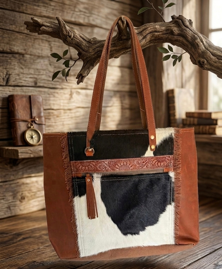 Cowhide and leather tote bag