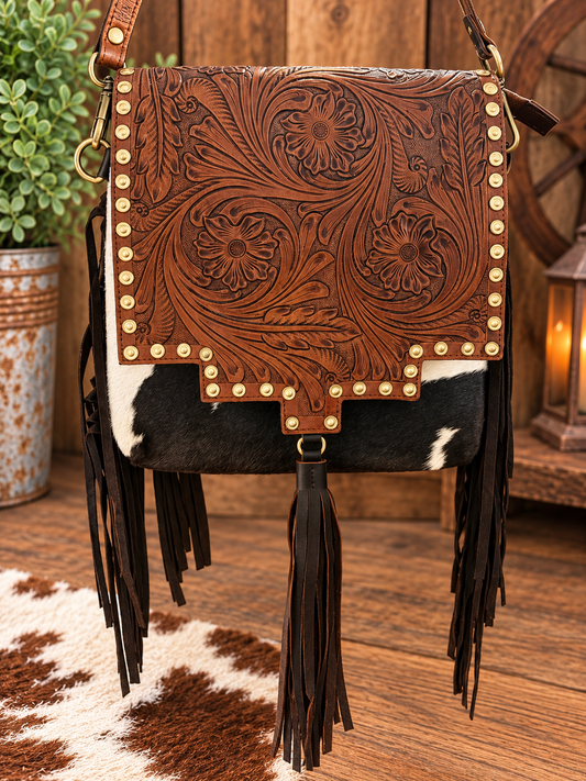Cowhide/ leather fringe crossbody