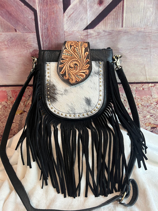 Cowhide and leather crossbody