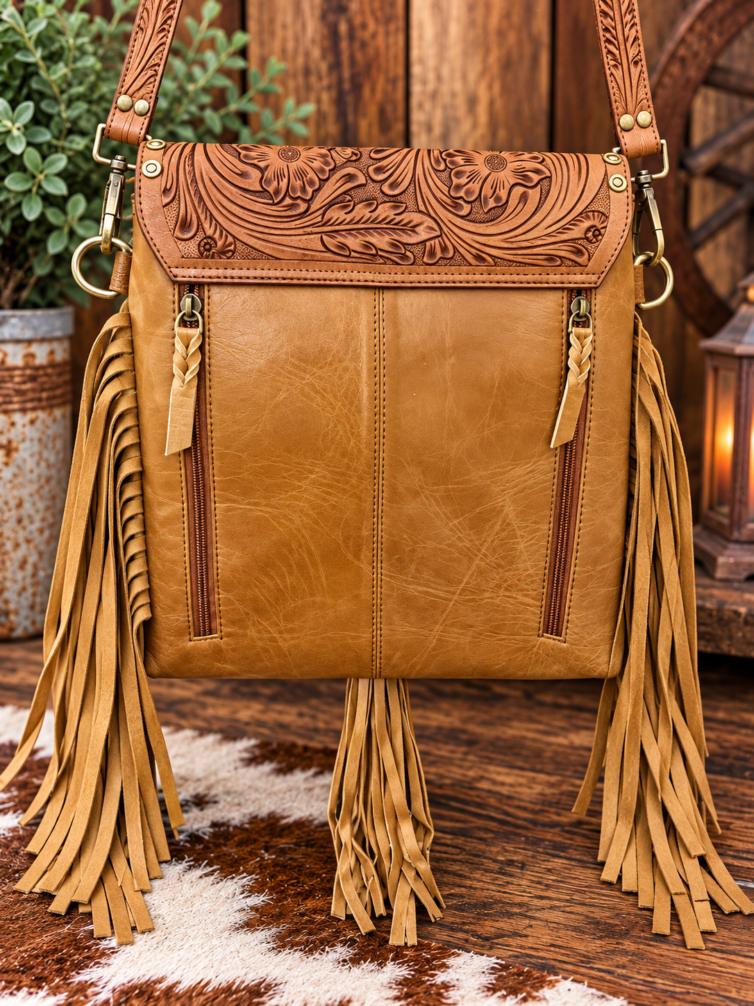 Cowhide/ leather fringe crossbody