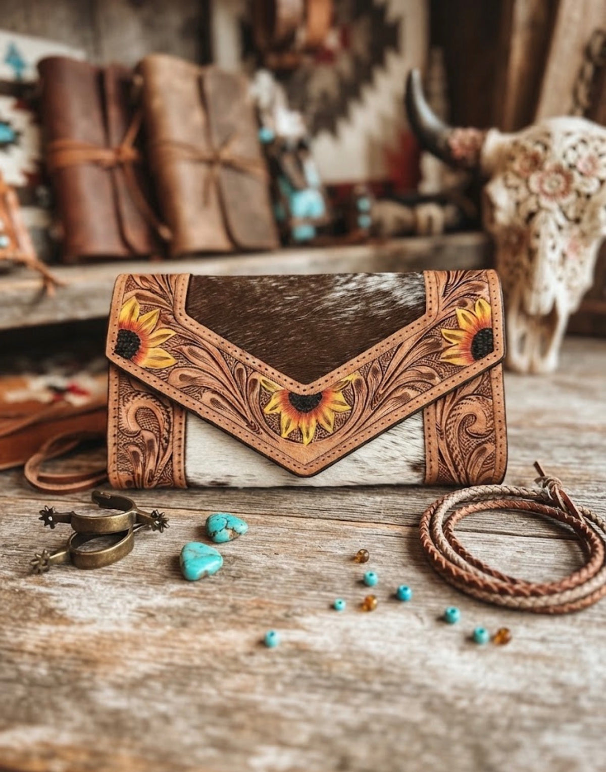 Sunflower tooled leather/ cowhide wallet
