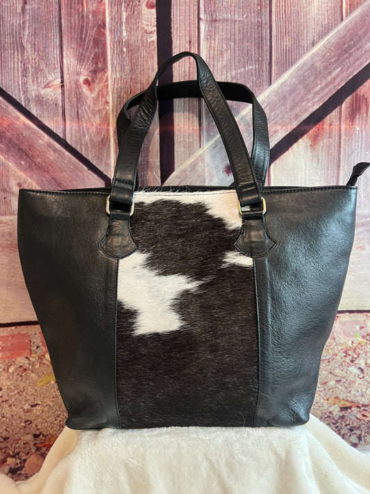 Cowhide and leather tote bag