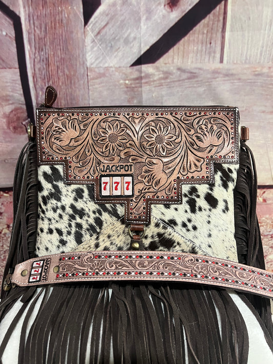 Cowhide and leather crossbody