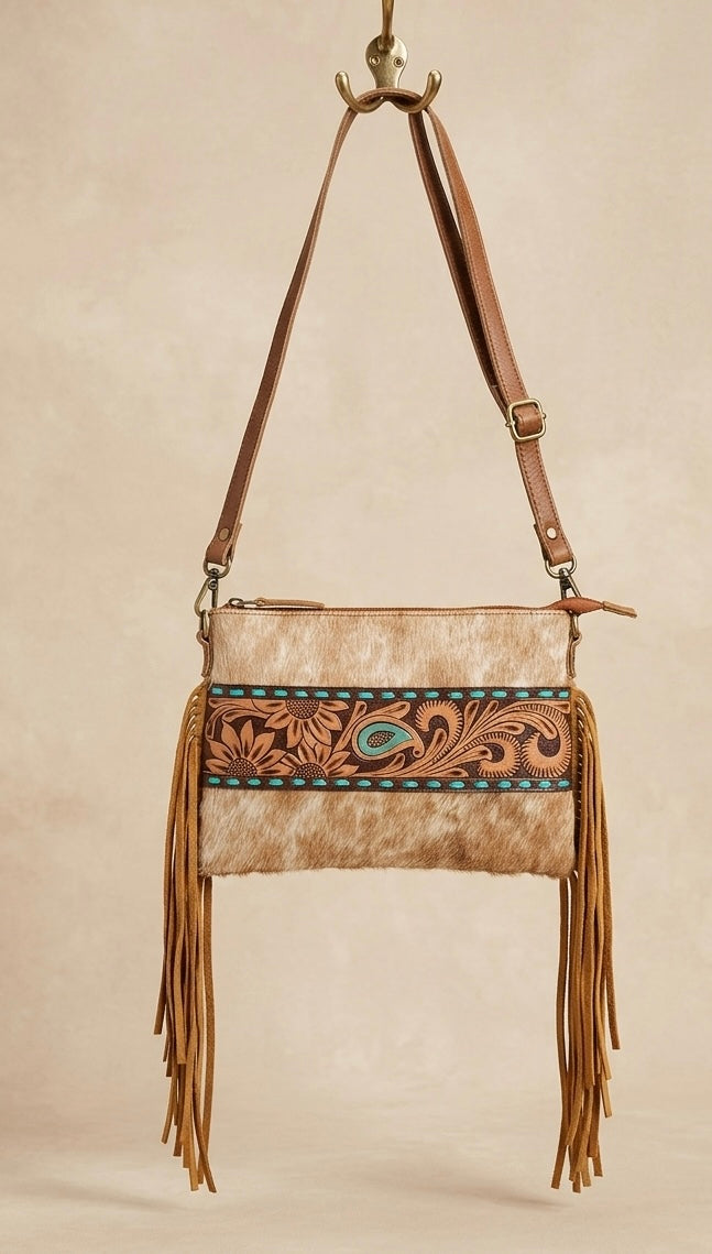 Cowhide sunflower crossbody