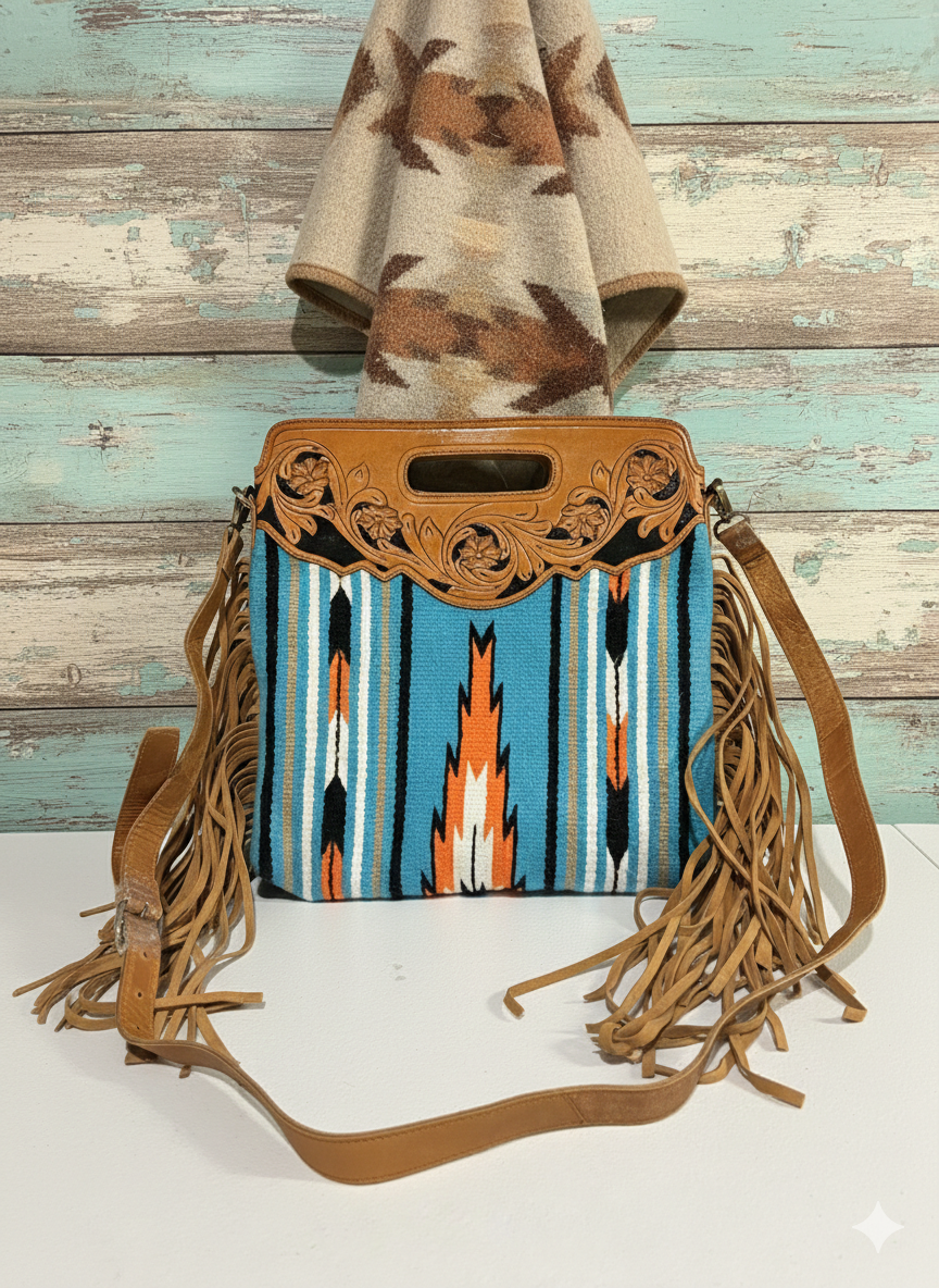 Tooled leather and teal crossbody