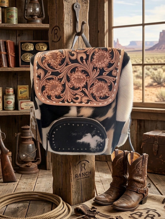 Cowhide and leather backpack