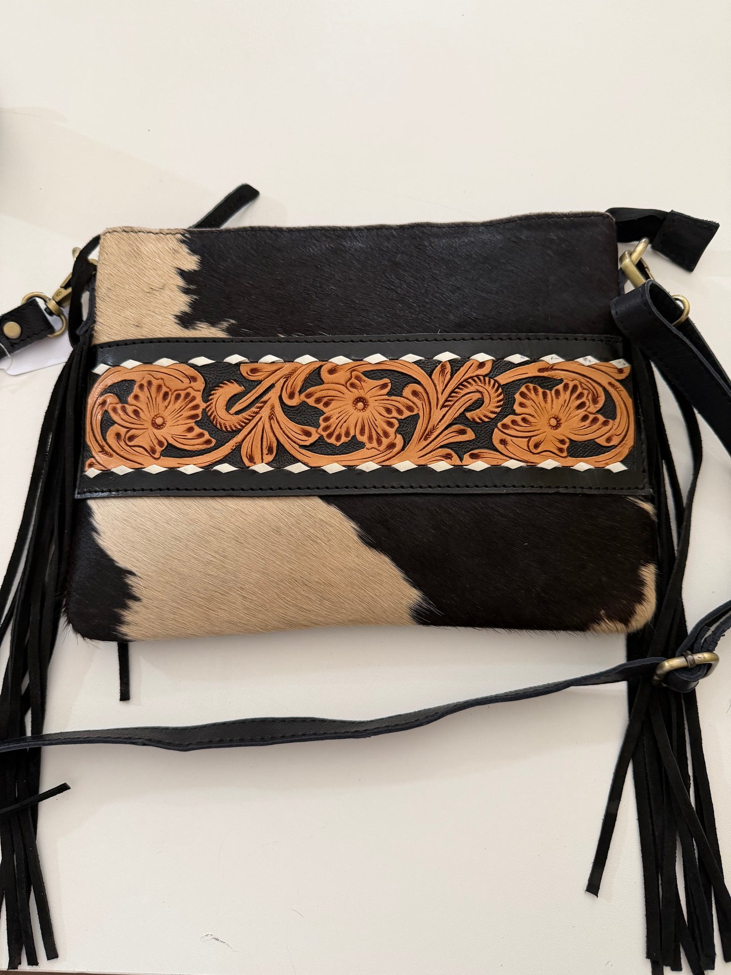 Crossbody leather/ hide feather