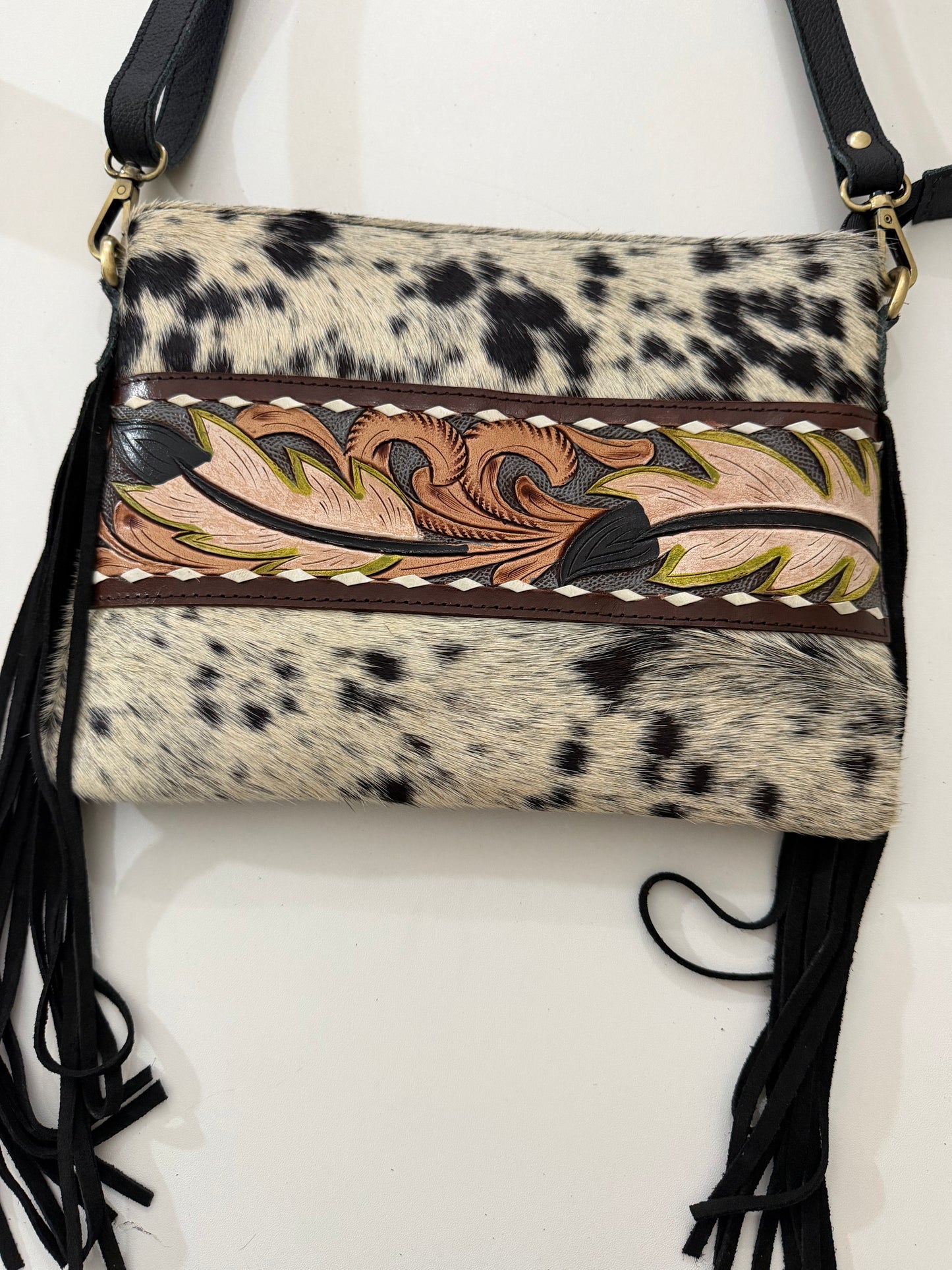 Crossbody hide/ leather feather